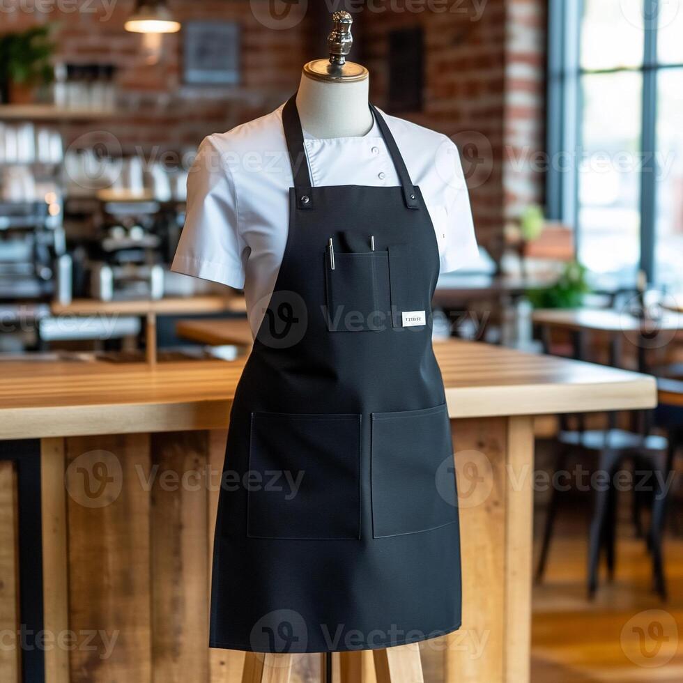 A black apron on a wooden stand in front of a restaurant photo