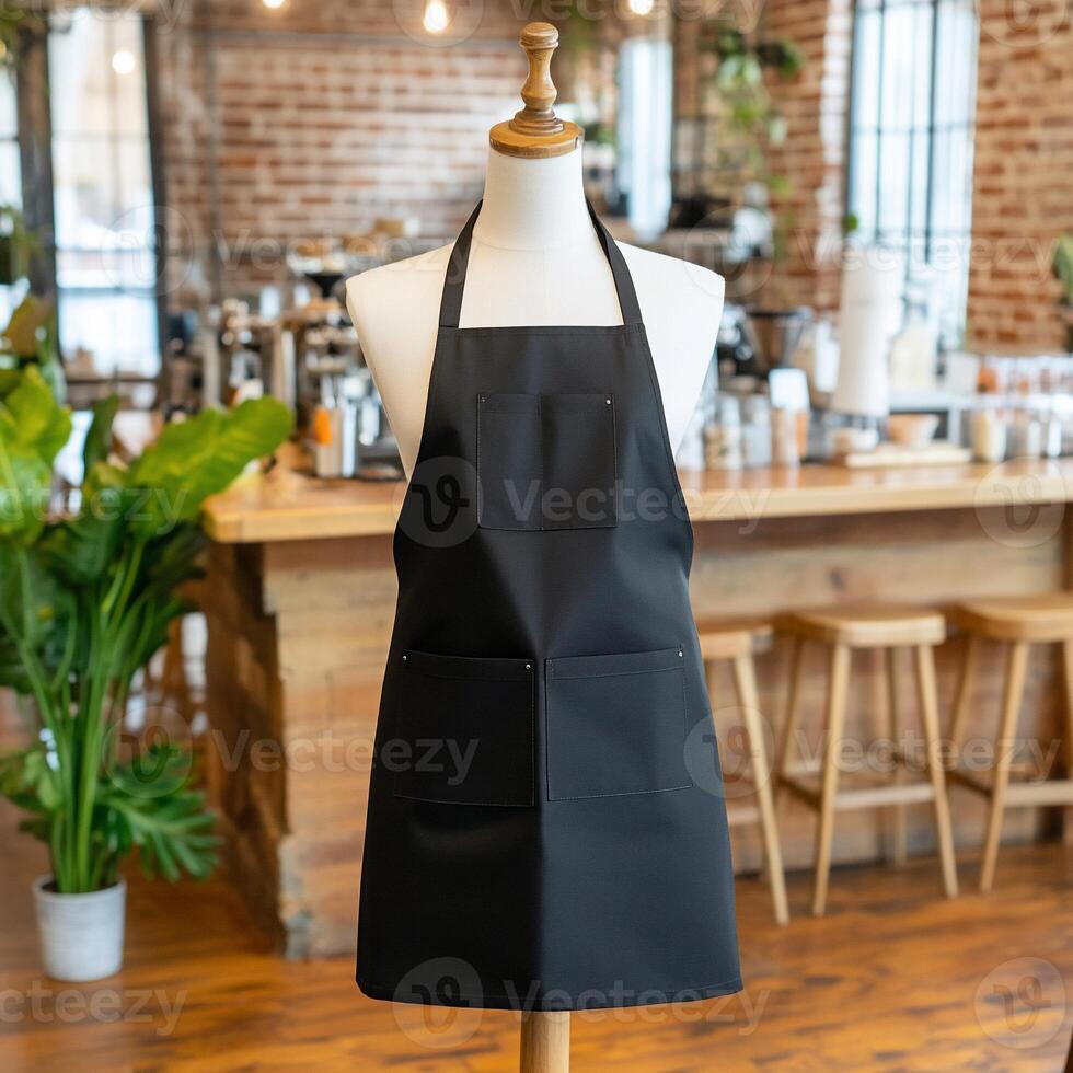 Black apron on a wooden stand in a coffee shop photo