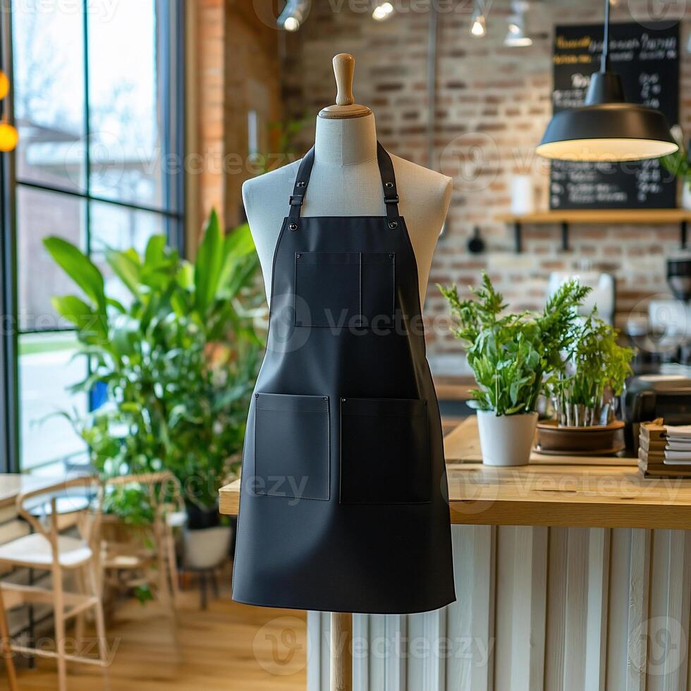A black apron on a wooden table in front of a window photo