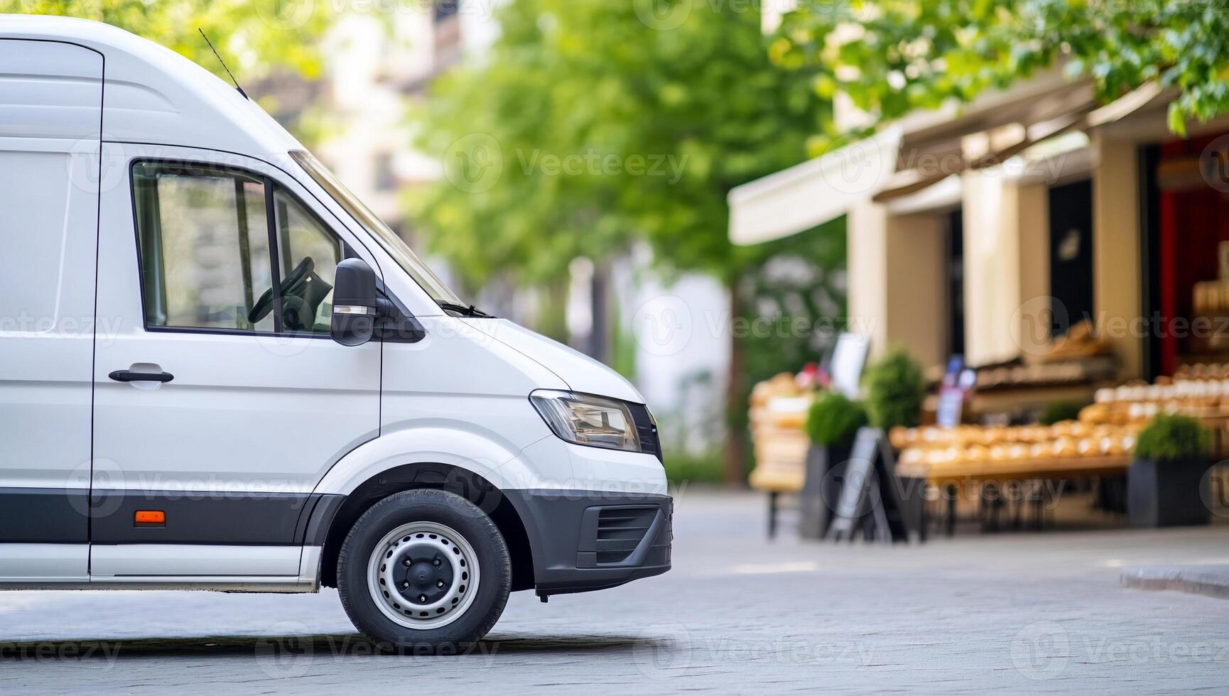 A white van is parked on the side of a street photo