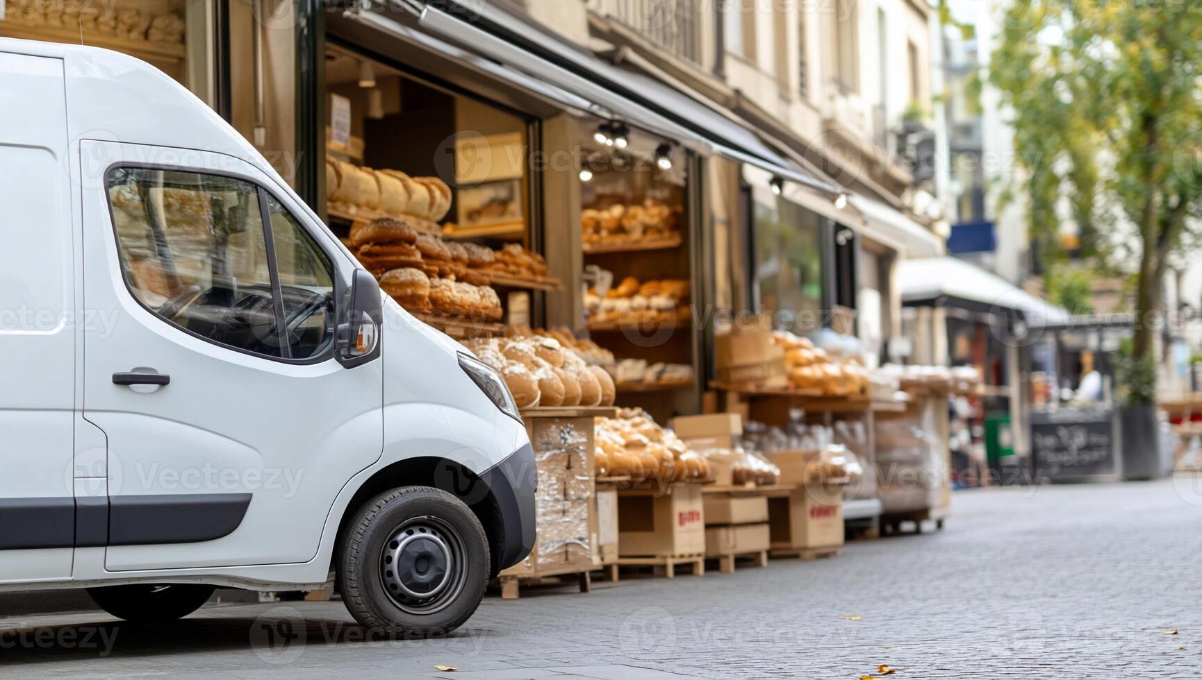 A white van parked in front of a bakery photo