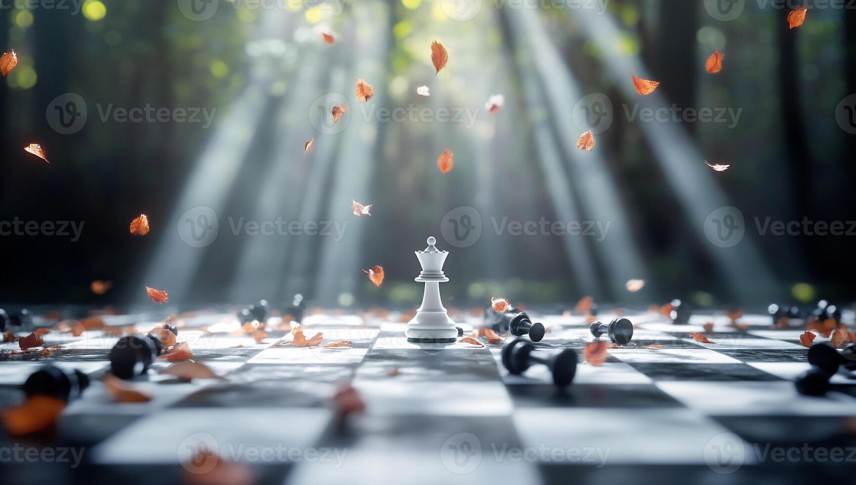 A serene chess scene with a lone white queen amidst falling leaves. photo