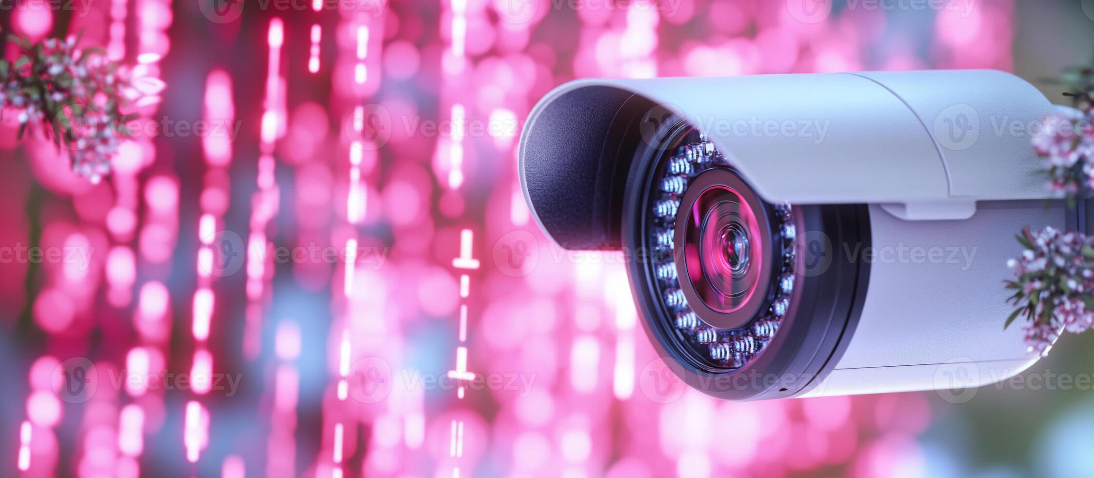 A surveillance camera with a digital background of pink lights. photo