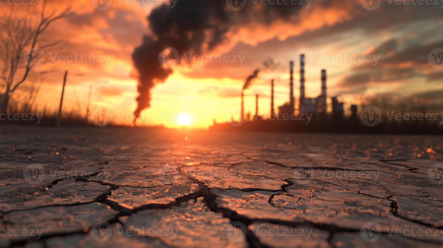The sun sets over a factory with smoke coming out of it photo