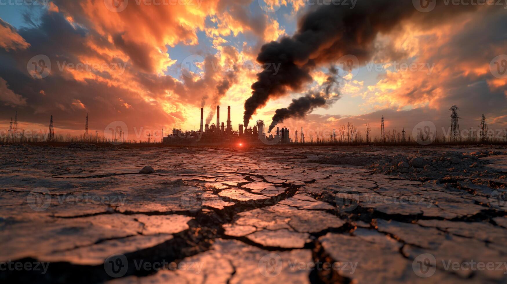 Industrial scene with smoke and cracked earth under a dramatic sky. photo