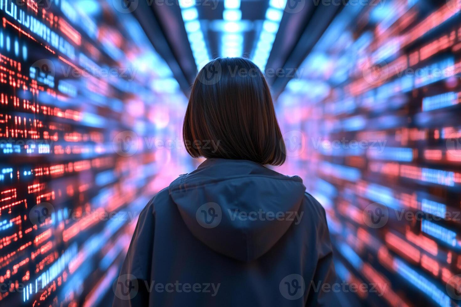 A figure stands in a futuristic corridor of glowing data streams. photo