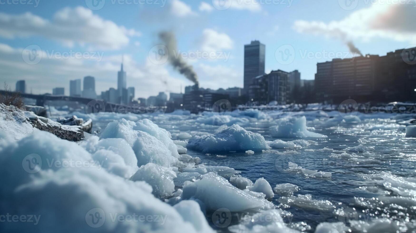 Icy river scene with urban skyline and smoke in the background. photo