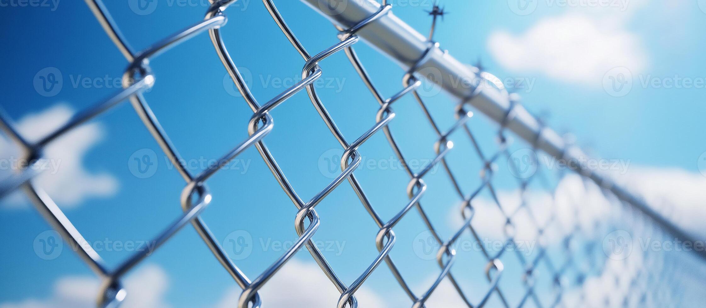 A close-up view of a chain-link fence against a blue sky. photo