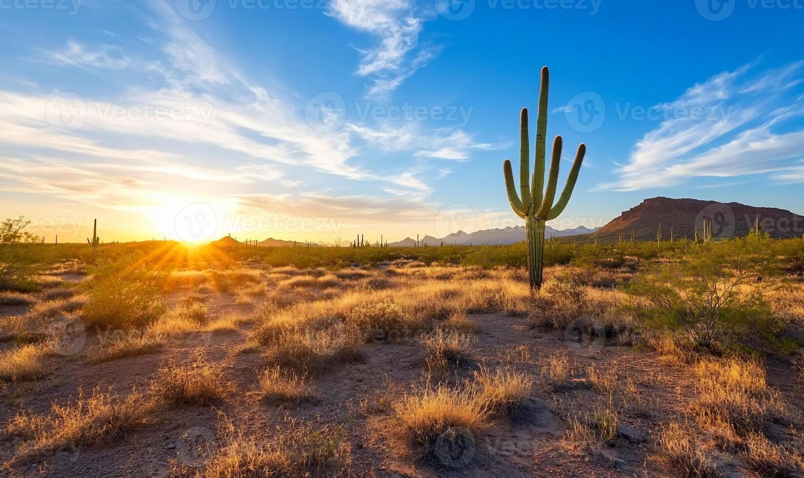 A saguaro cactus stands in the desert at sunset photo