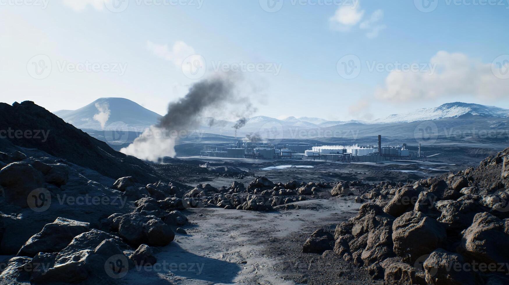 A desolate industrial landscape with smoke and rocky terrain. photo