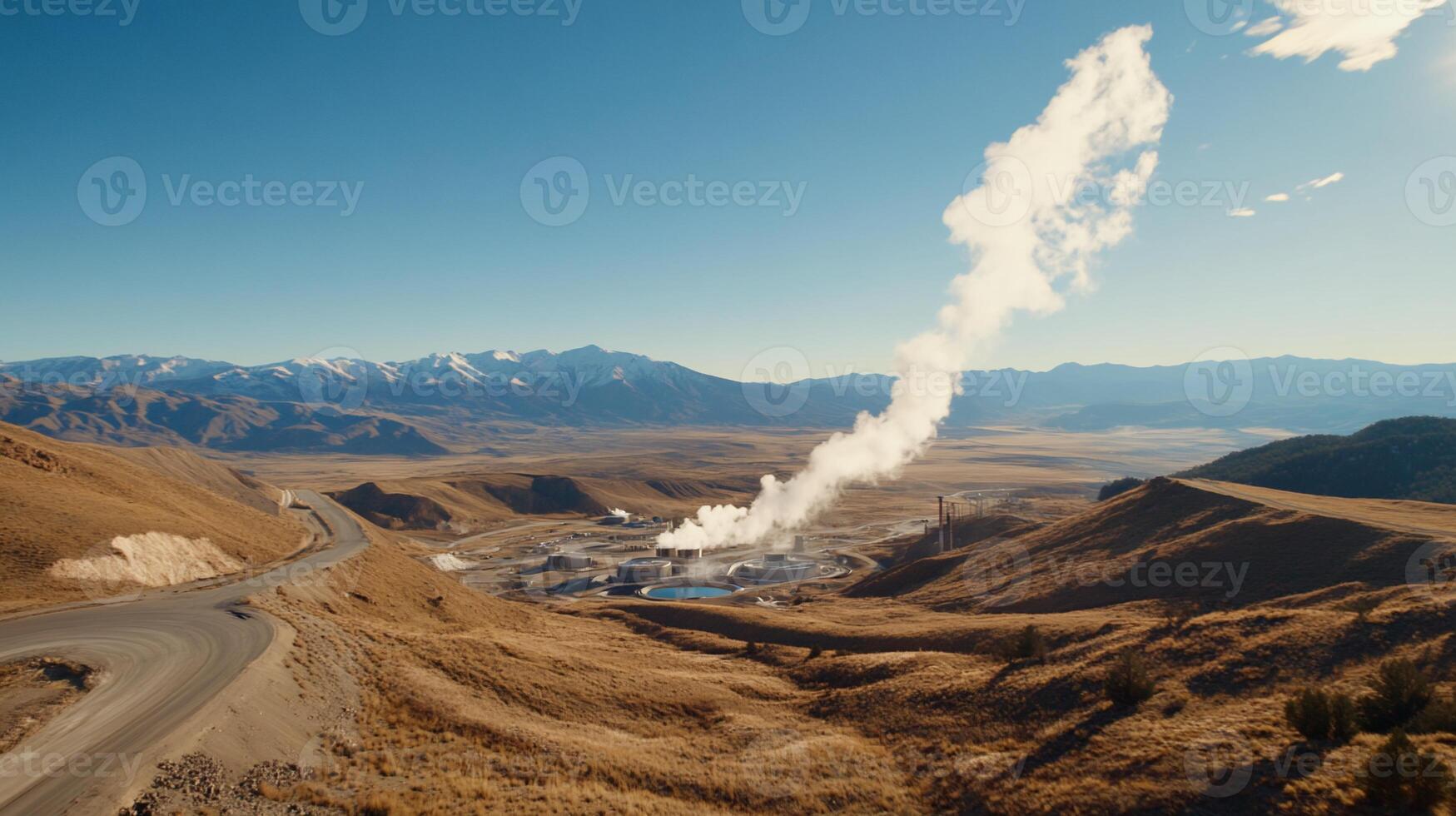 Geothermal power plant surrounded by mountains and clear skies. photo