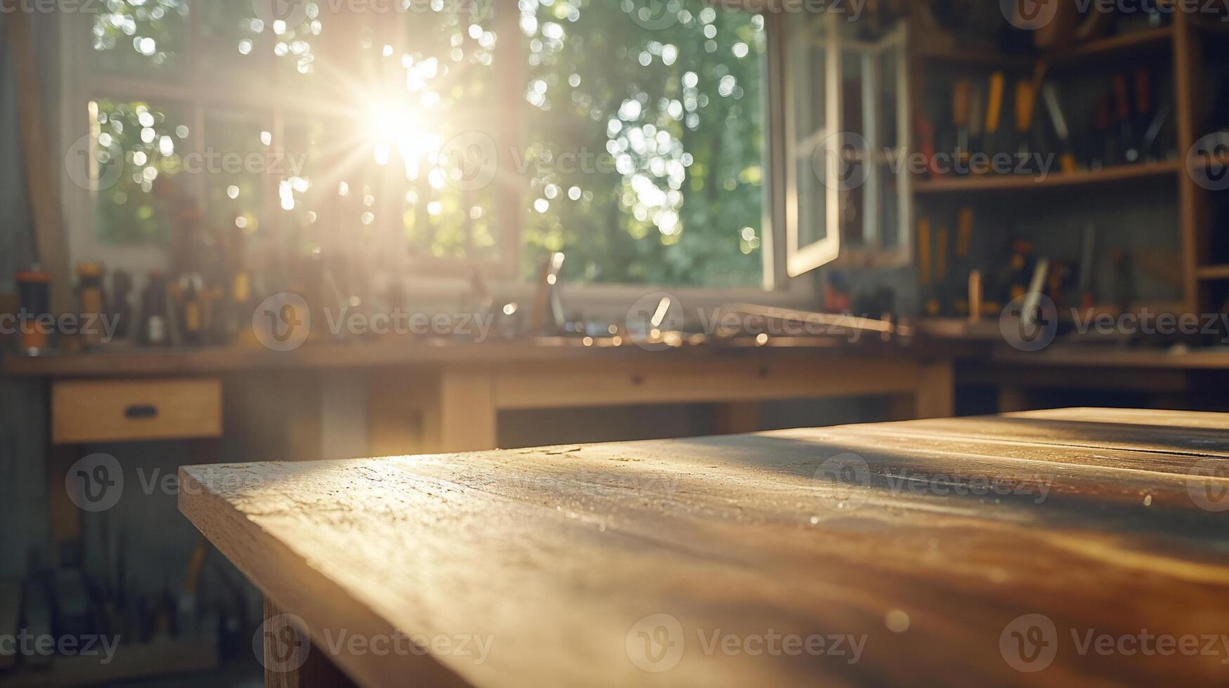 A sunlit woodworking shop with tools and a wooden workbench. photo