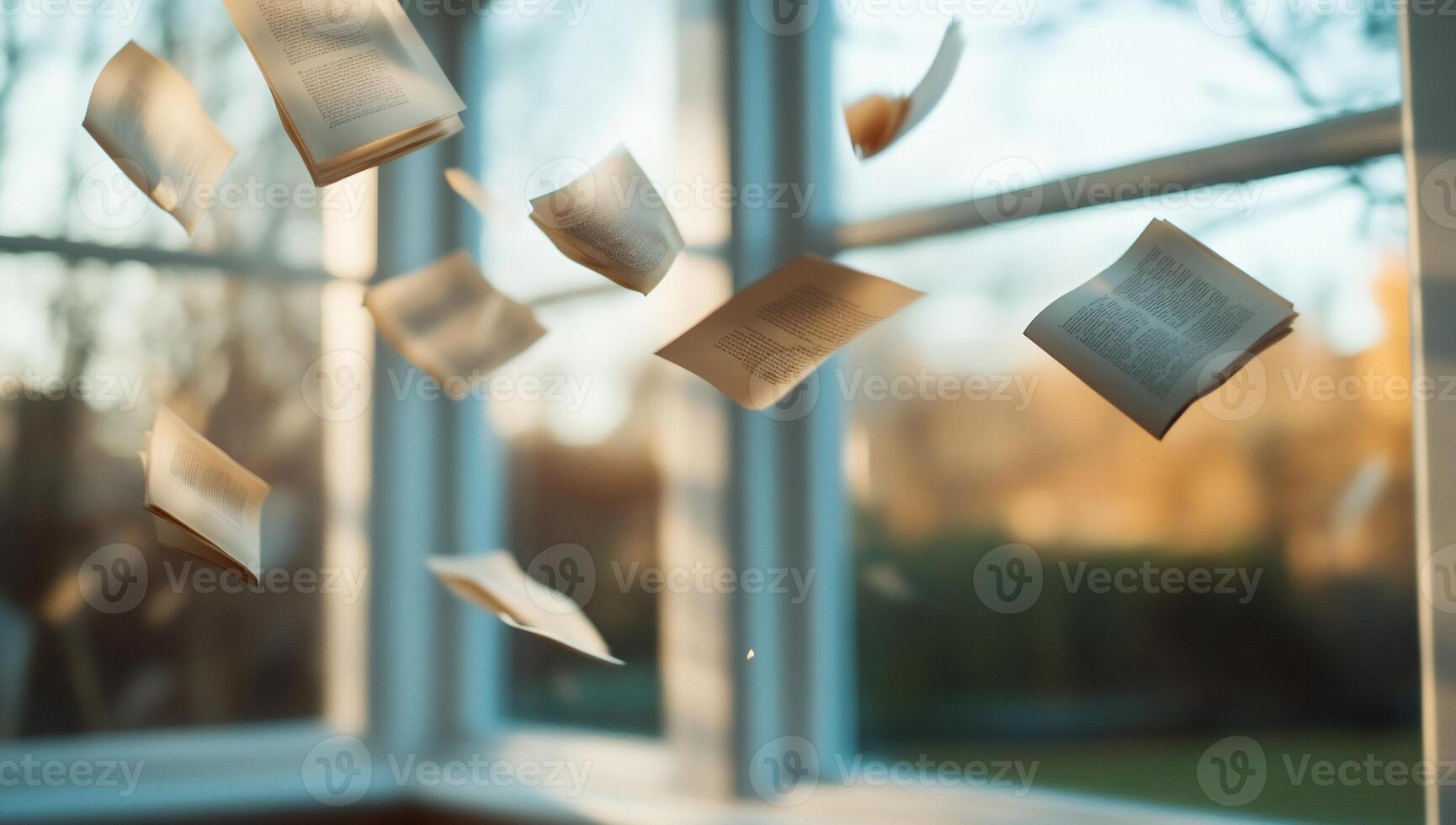Books floating in the air near a window, creating a whimsical scene. photo