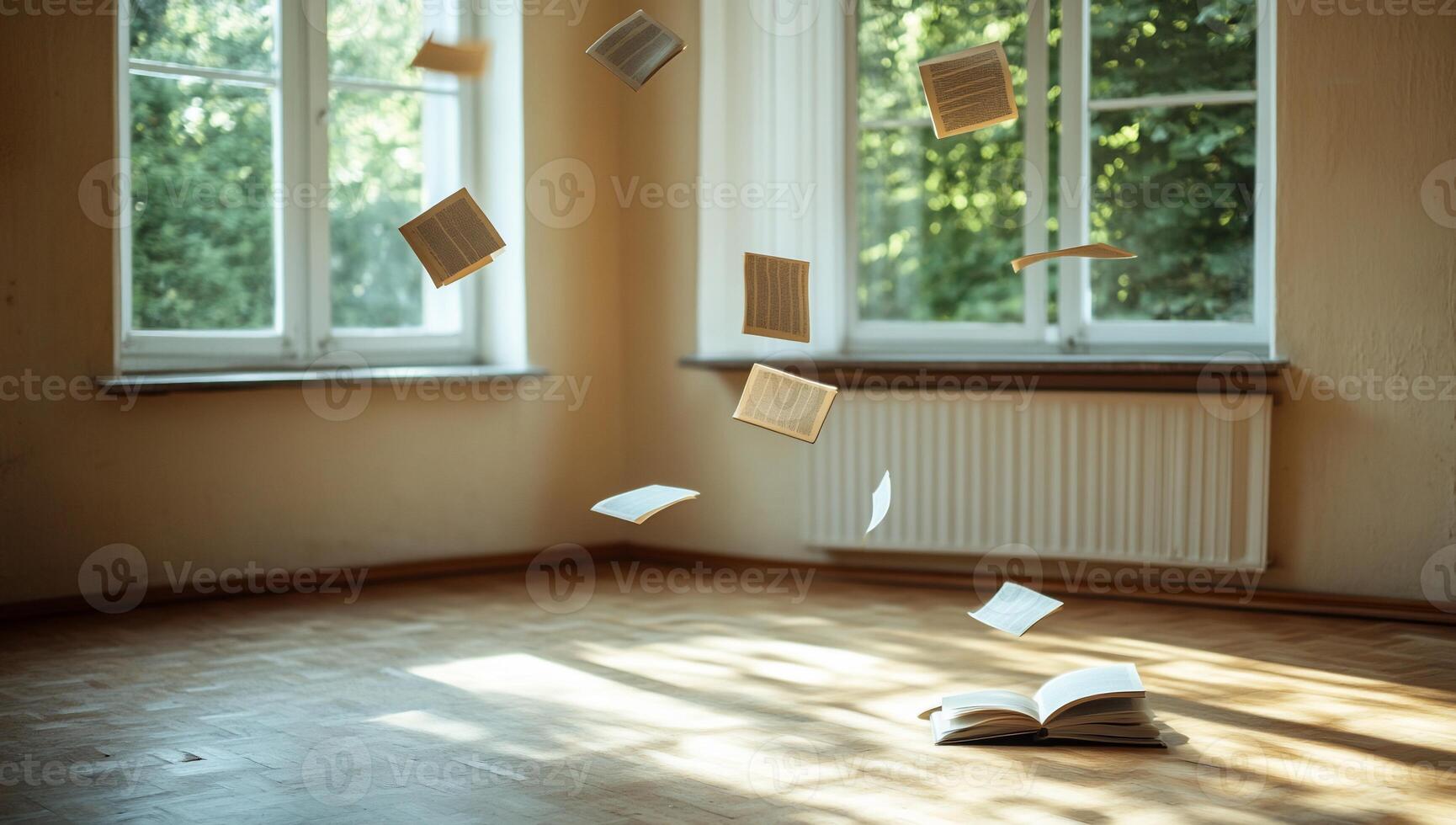 A serene room with floating books, evoking a sense of magic and wonder. photo