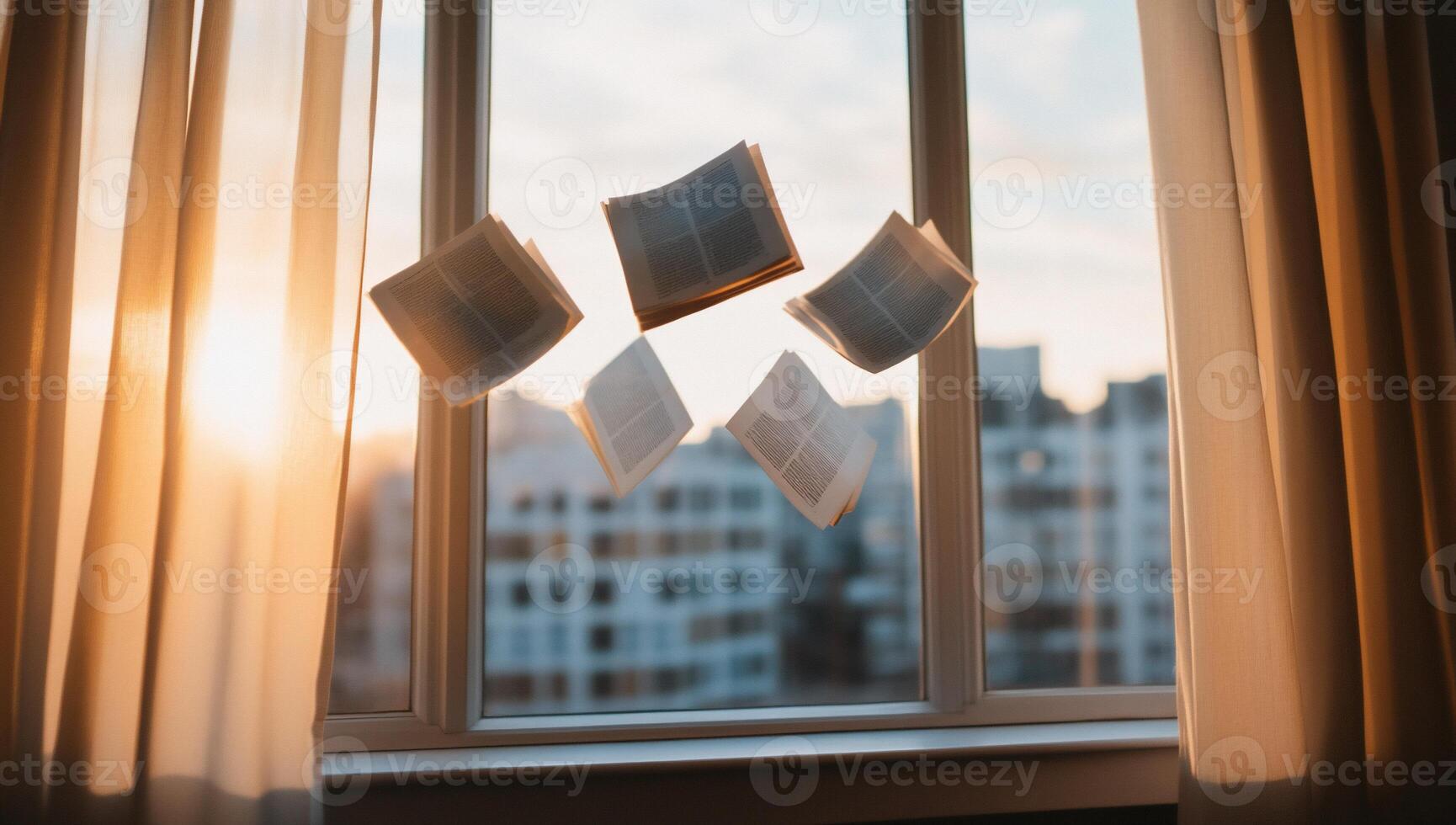A serene scene of floating books by a window at sunset. photo
