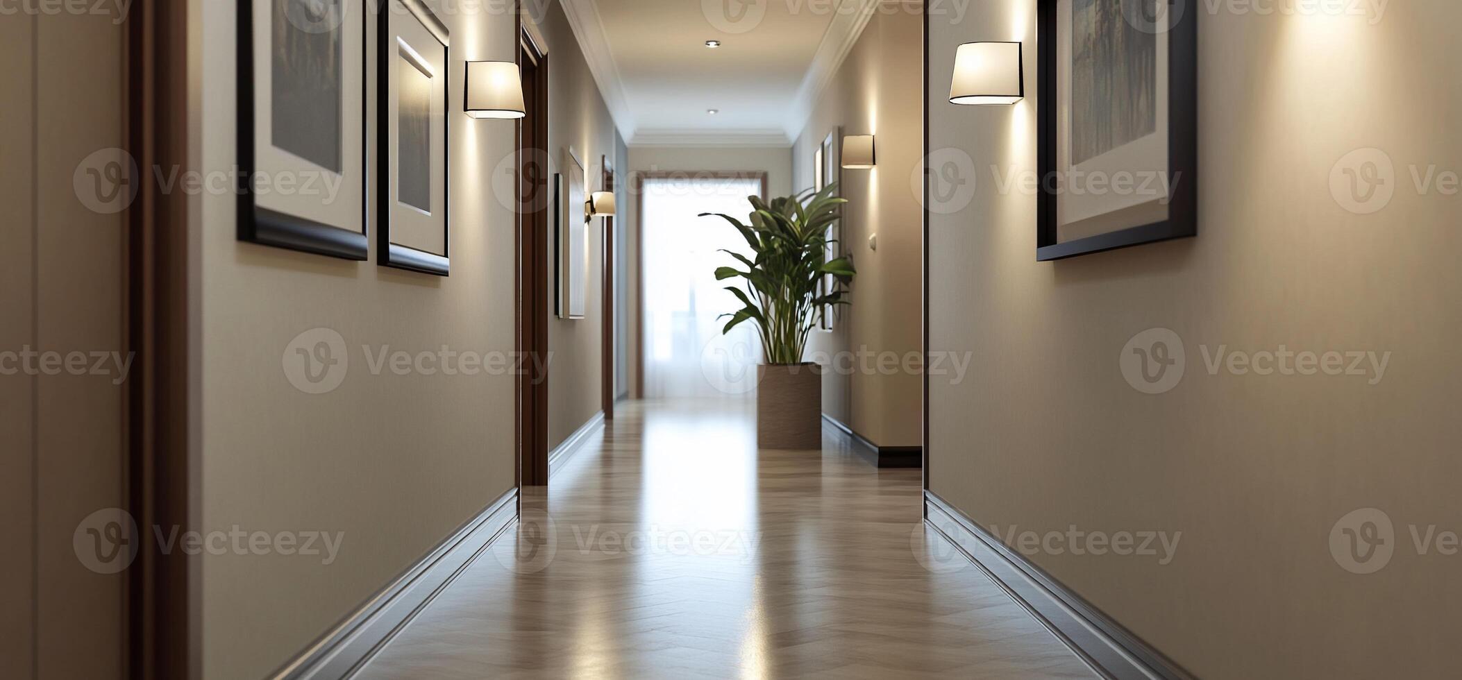 A modern hotel corridor with framed artwork and a potted plant. photo