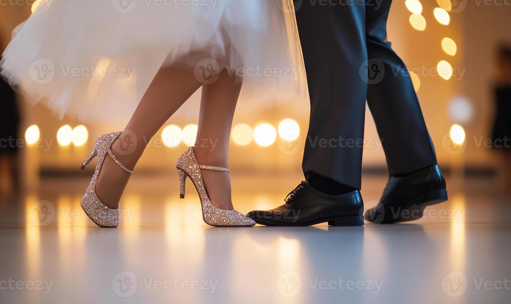 A couple's feet in elegant shoes, dancing at a celebratory event. photo