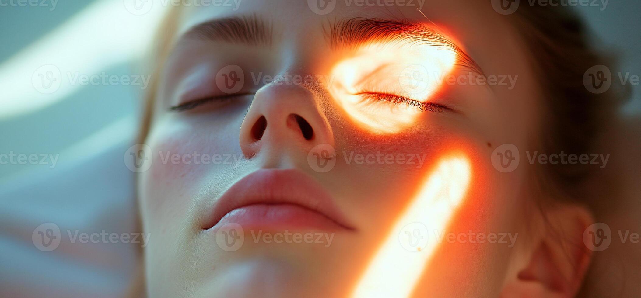 A woman with her eyes closed and a sun shining on her face photo