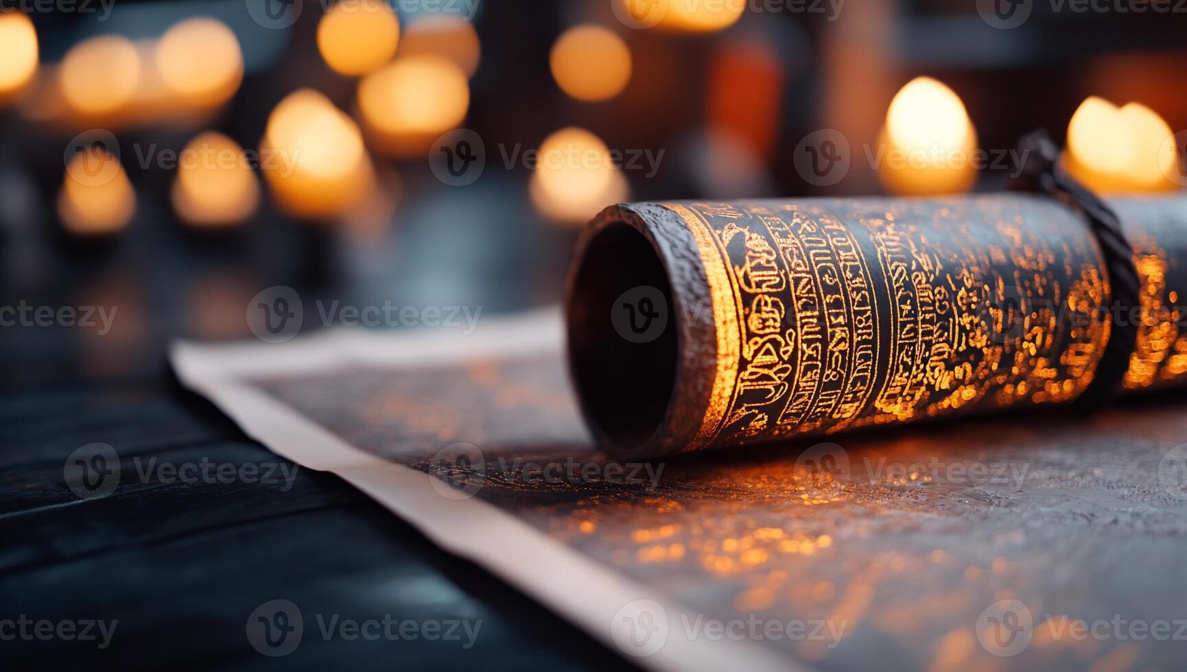 An ancient scroll rests on a textured surface, illuminated by soft candlelight. photo