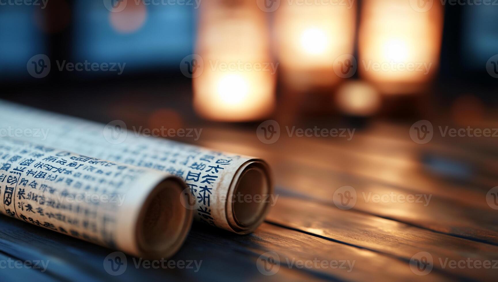 Two scrolls with text placed on a wooden surface near glowing lanterns. photo