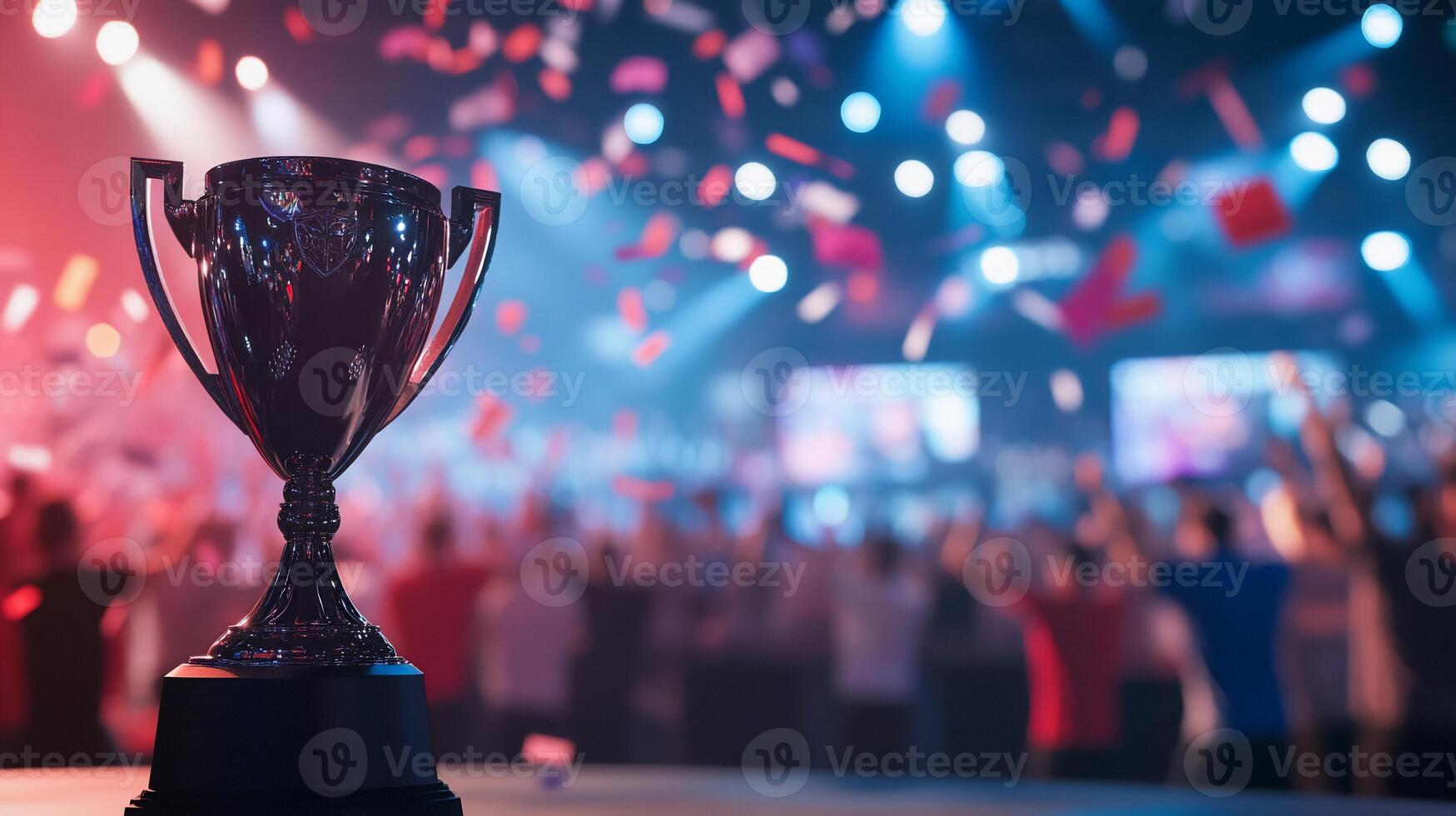 A trophy in focus with a cheering crowd celebrating a victory. photo
