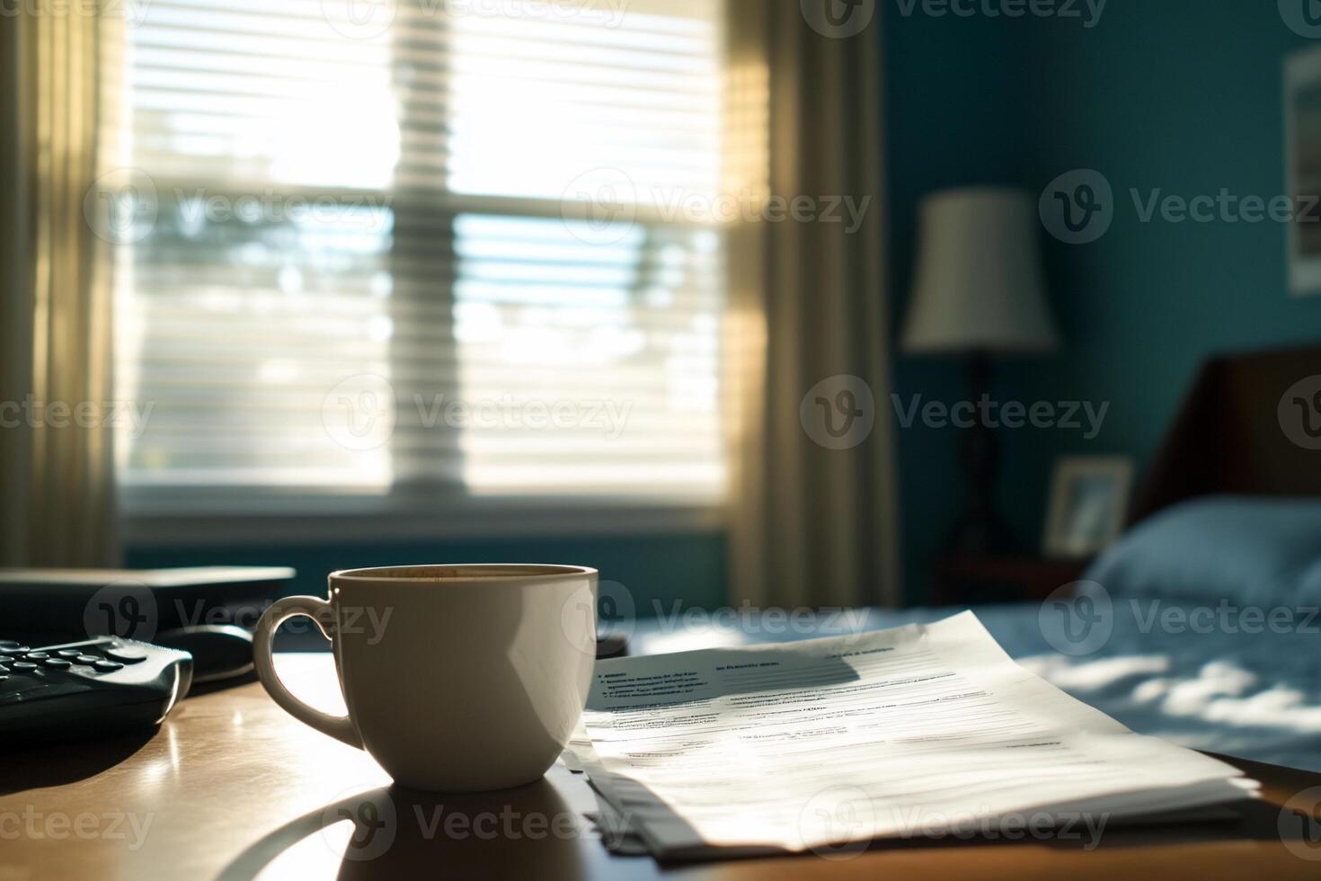 A serene workspace with a coffee cup and documents on a table. photo