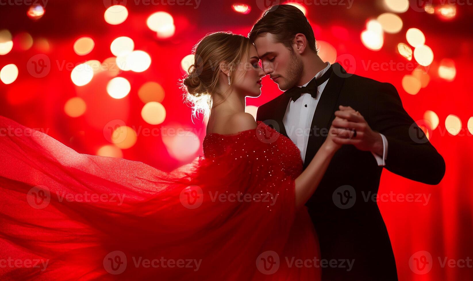 A couple dances elegantly in a romantic setting with a red backdrop. photo