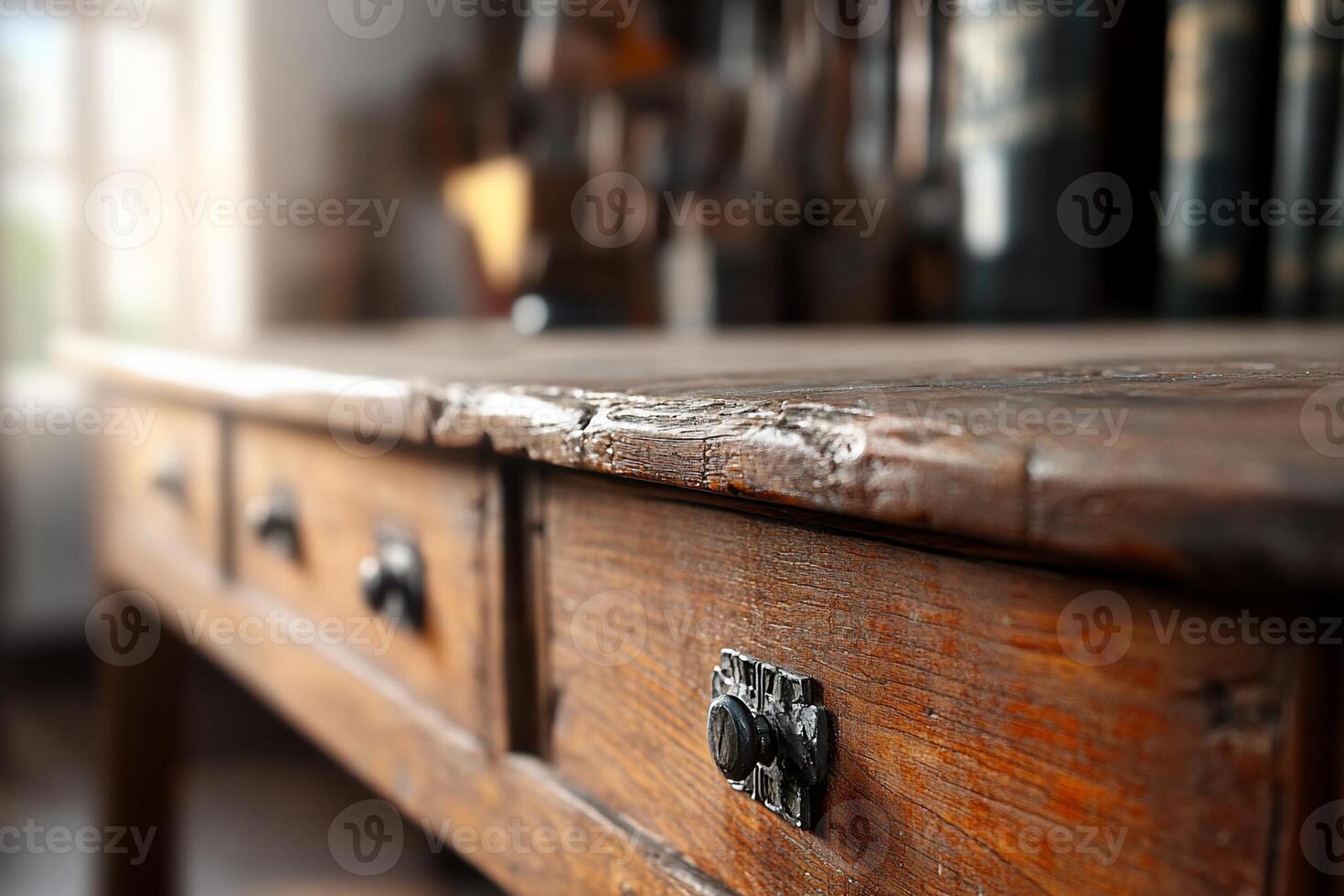 Close-up of a rustic wooden table with drawers in a workshop setting. photo