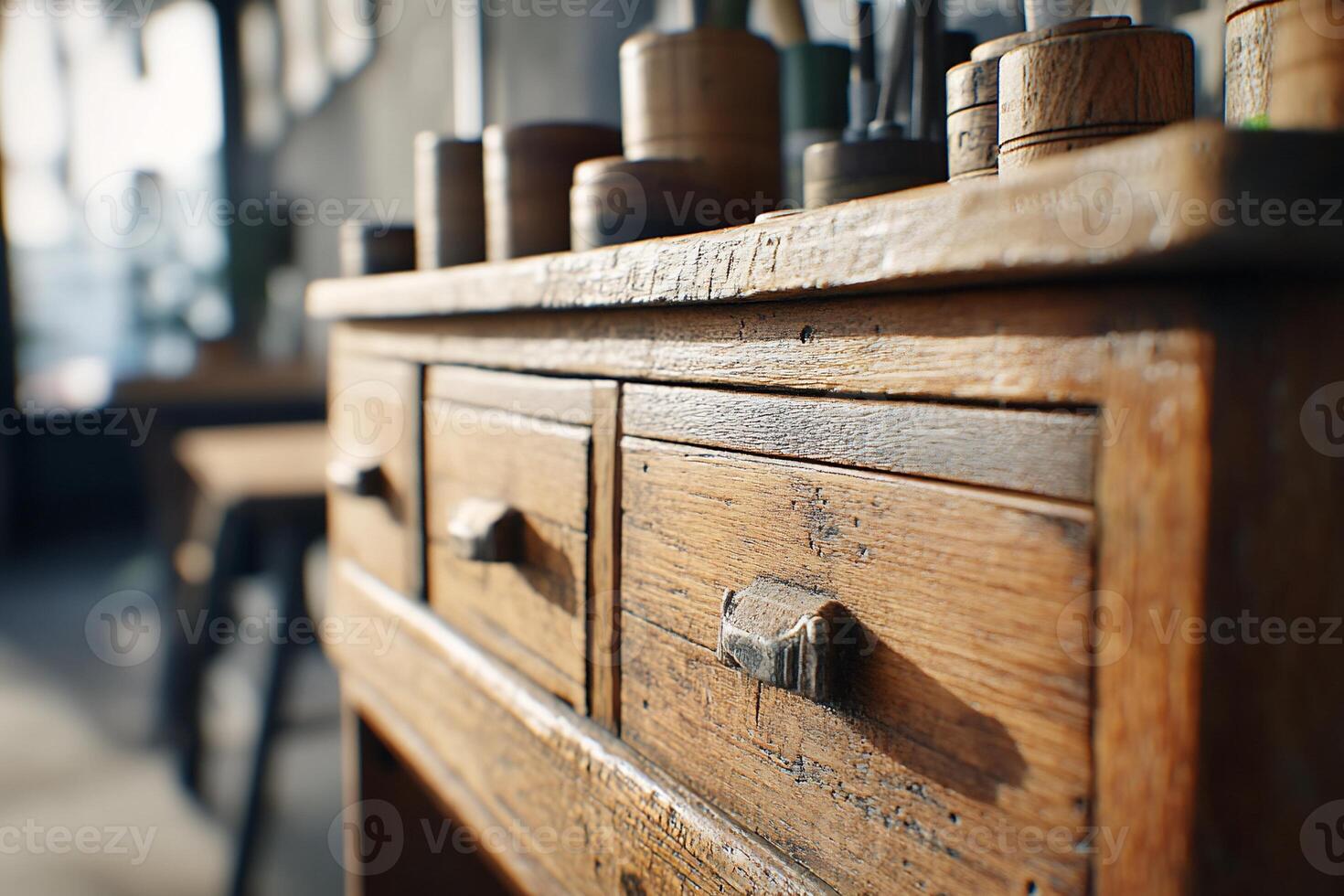 A close-up of a rustic wooden cabinet with drawers. photo