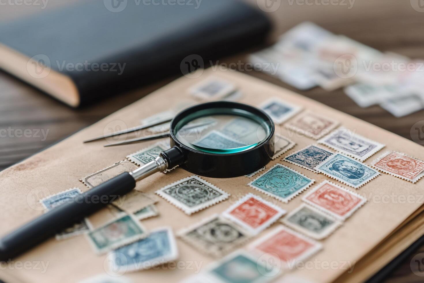 A magnifying glass on a collection of vintage stamps for examination. photo