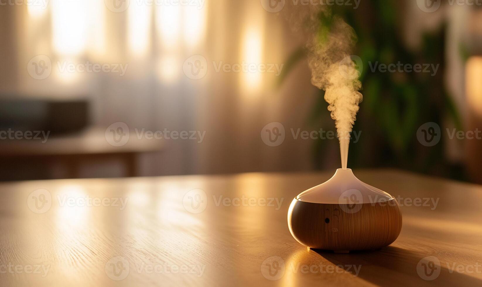 A diffuser releasing aromatic mist in a serene, softly lit room. photo