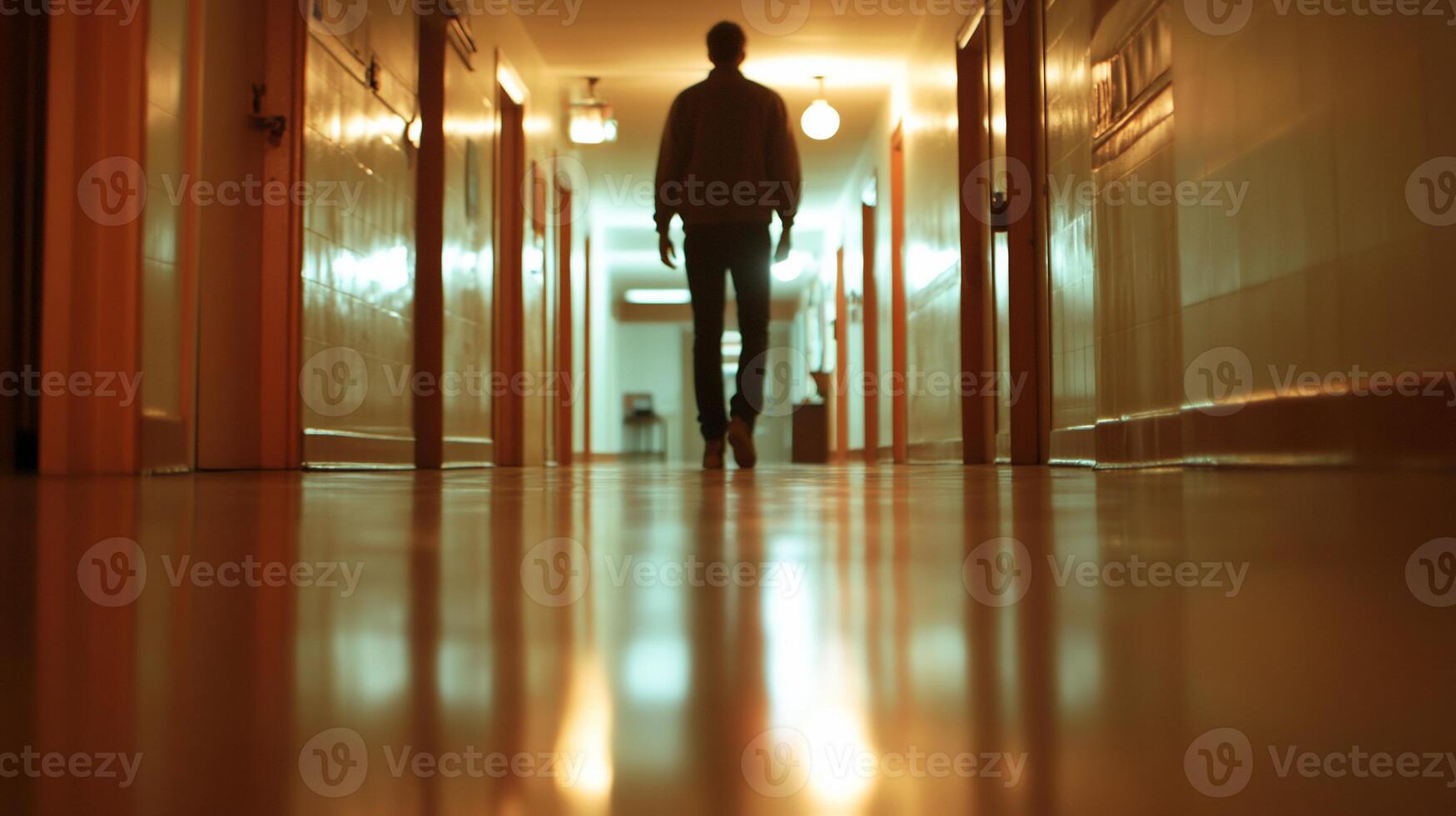 A person walking down a dimly lit corridor with reflections on the floor. photo