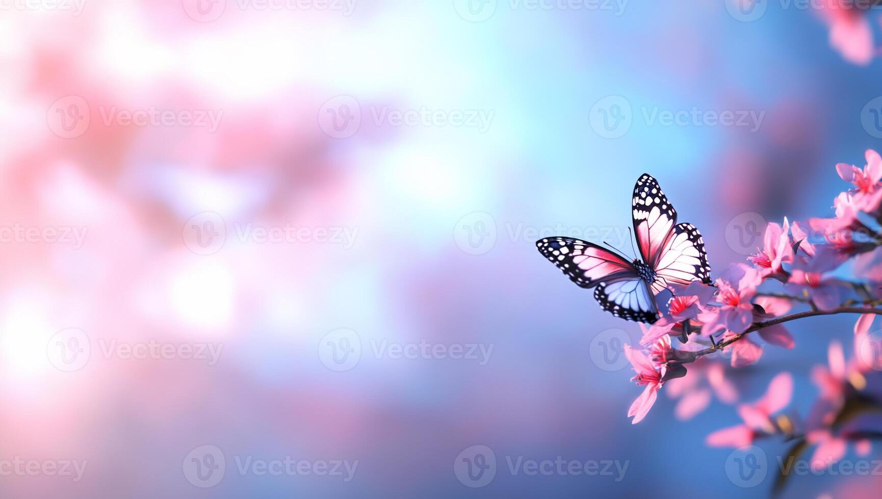A butterfly is flying over a pink flower photo