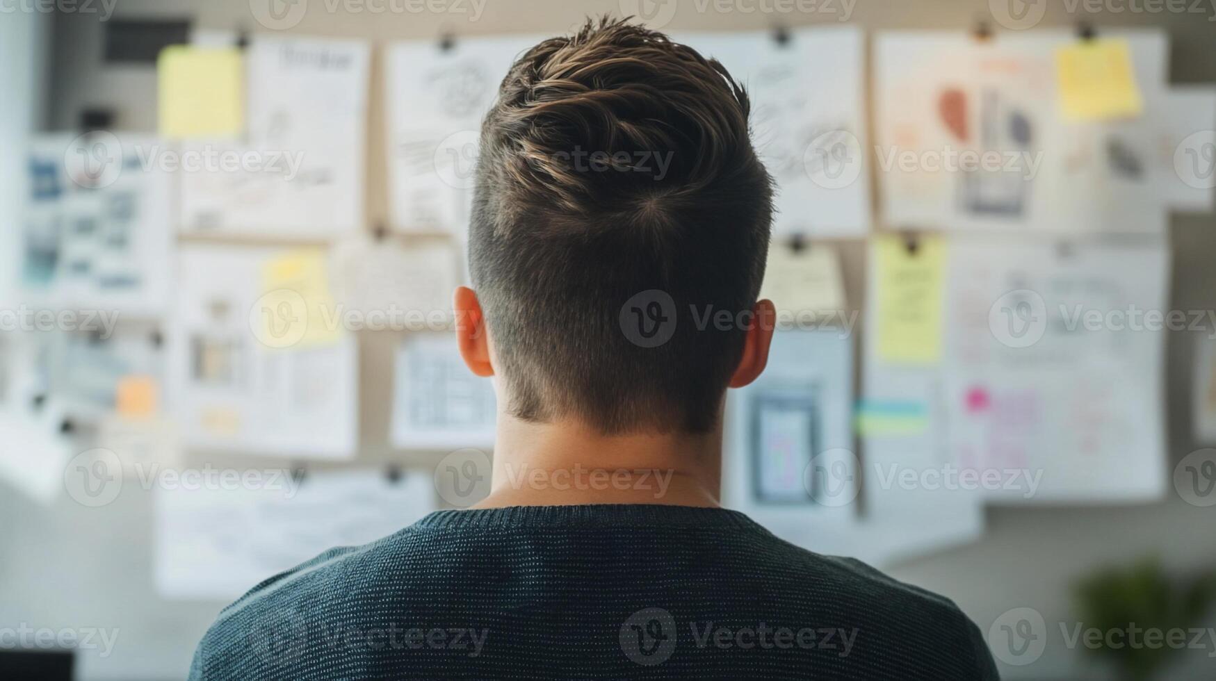 A man looking at a wall with sticky notes on it photo