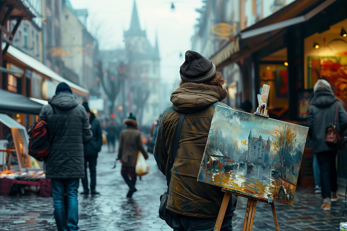 A man is holding an easel and painting on it photo