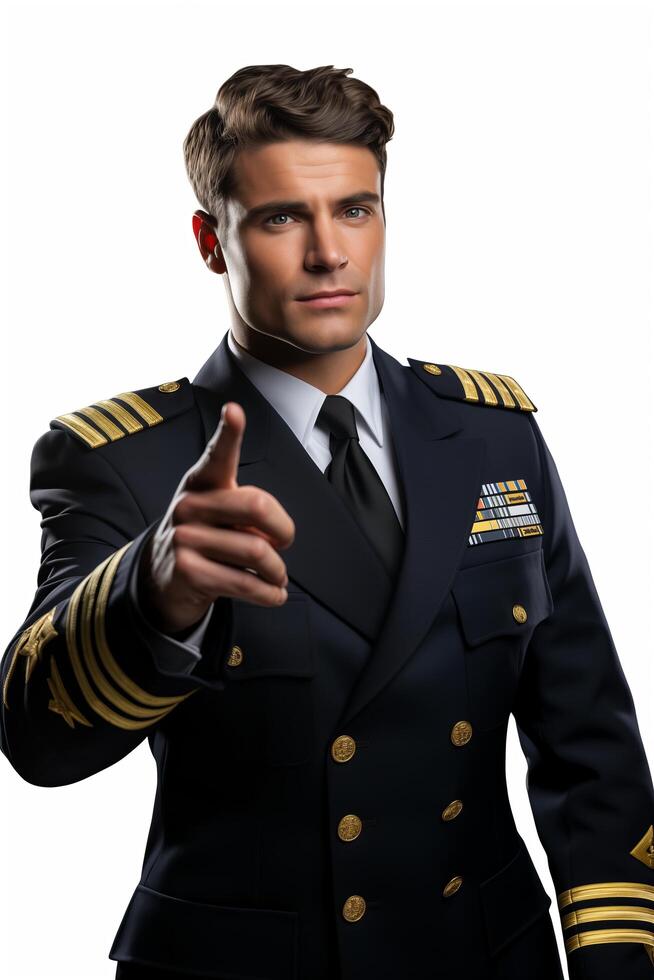 A man in a military uniform pointing at something photo