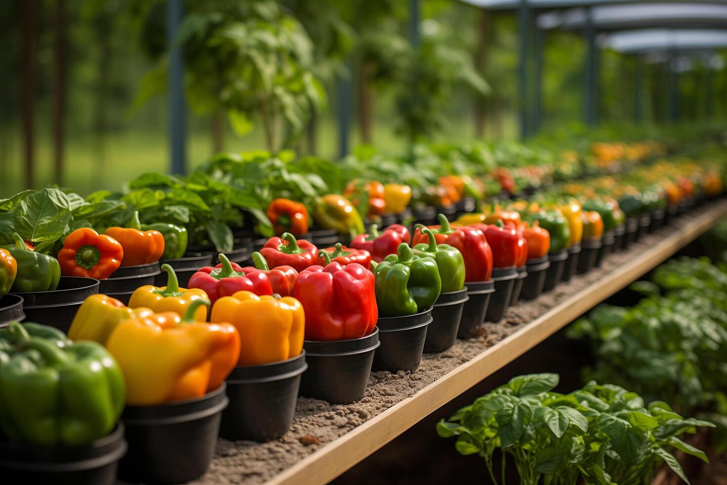 A row of peppers in pots on a table photo