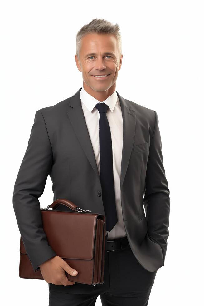 A man in a suit and tie holding a briefcase photo