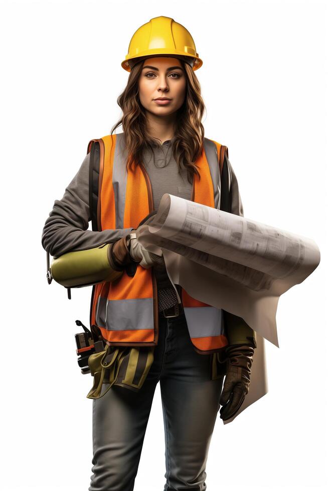 Female construction worker holding blueprint and helmet photo