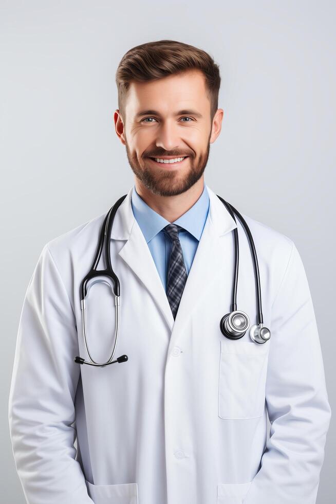A male doctor in a white coat and tie photo