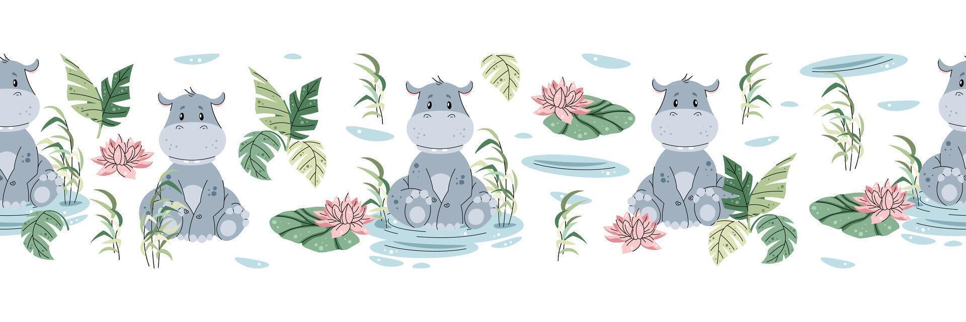 Horizontal seamless border with Cute hippopotamus in a pond with water lilies and reeds. repeating illustration of African animal for kids wallpaper, tape, fabric etc. vector