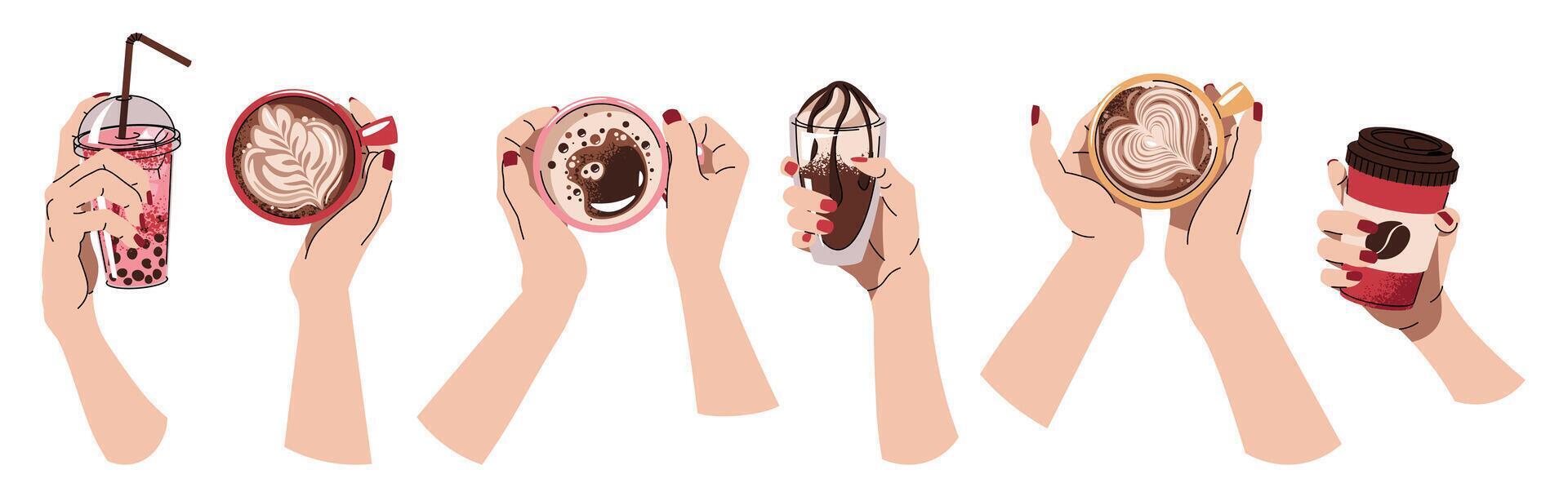 Hands with different hot aroma coffee drinks. Cappuccino, espresso, Americano, latte Beverage for Breakfast, Lunch or Coffee Break. Flat illustrations isolated vector
