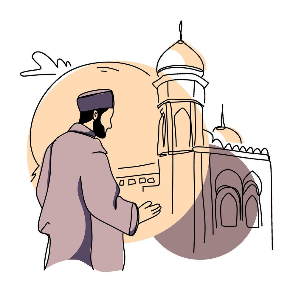 Line art illustration of a Muslim man praying in front of a mosque, symbolizing Ramadan and Islamic faith. Perfect for greeting cards, social media posts vector