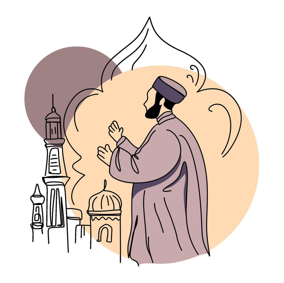Line art illustration of a Muslim man praying in front of a mosque, symbolizing Ramadan and Islamic faith. Perfect for greeting cards, social media posts, and designs related to Eid al-Fitr vector