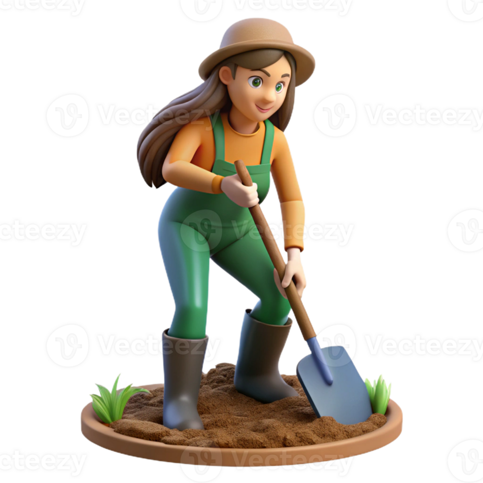 Hardworking Woman Farmer Digging Soil with Shovel png