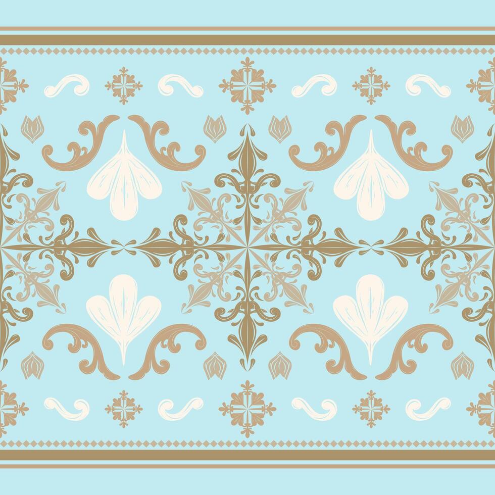 Classy Gold and Light blue decorative design With White Leaf Scroll Ornament. Luxury Victorian Rich Pastel Expensive Royal Silk Pattern For Opulence Wealth Decoration Embroidery Seamless Border Lace vector