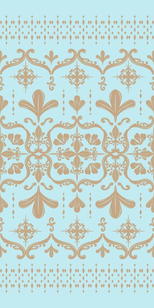 Luxury Filigree Gold on Blue Pastel Background. Silk weaves Embroidery Seamless Pattern. The swirling vine-like stylized petals and ornamental flourishes blooming. Elaborate touch of modernity vector