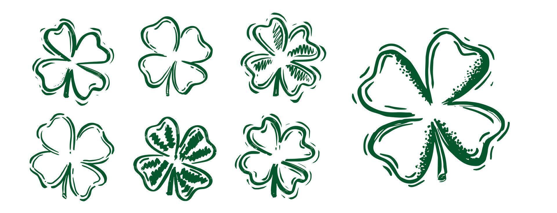Green Clover set, Saint Patricks Day, hand drawn illustrations. vector