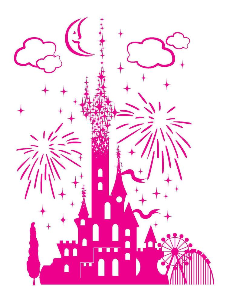 Fairytail pink castle with a landscape of attractions, fireworks and airliner. Tourist tour for children in an amusement park. vector