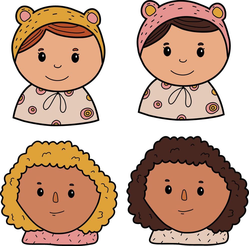 Icons of cute girls with different hair colors, in a cap, with curly hair vector